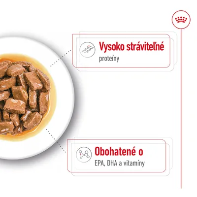 Miska s kúskami krmiva v omáčke. Text: Vysoko stráviteľné proteíny. Obohatené o EPA, DHA a vitamíny.