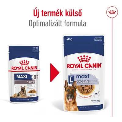 Royal Canin Maxi Ageing 8+ kutyaeledel 140 g, új termék külső, optimalizált formula. Két csomagolás látható: régi és új dizájn német juhászkutya képével.