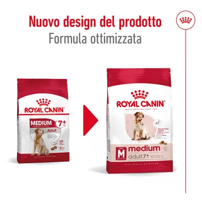 Nuovo design del prodotto Royal Canin Medium Adult 7+, formula ottimizzata. Immagine delle due confezioni a confronto, con testo visibile sulle etichette.