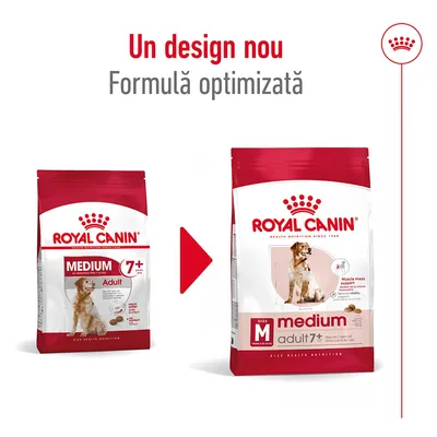 Royal Canin Medium Adult 7+; imagine comparativă între vechiul și noul ambalaj, cu text vizibil: Un design nou, Formulă optimizată. Ambalaje pentru câini adulți de talie medie peste 7 ani.