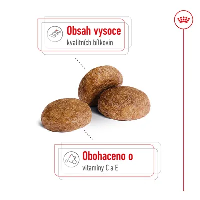 Granule s textem: Obsah vysoce kvalitních bílkovin. Obohaceno o vitamíny C a E.
