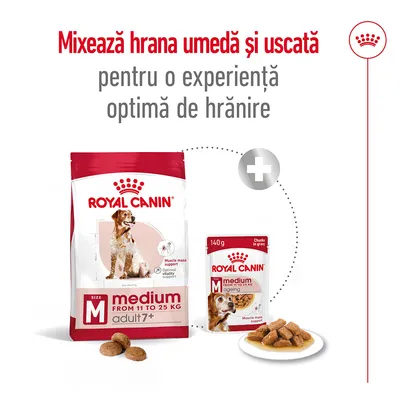 Royal Canin medium adult 7+ uscat și plic umed 140g pentru câini 11–25 kg. Text: Mixează hrana umedă și uscată pentru o experiență optimă de hrănire.