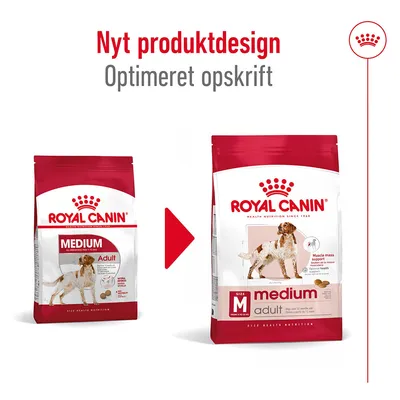 Royal Canin Medium Adult hundefoder, nyt produktdesign og optimeret opskrift. To poser vises: tidligere og opdateret emballage med tekst 'Muscle mass support' og 'medium adult'.