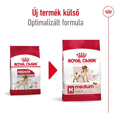 Royal Canin Medium Adult kutyatáp csomagolásváltás: balra régi, jobbra új design. Feliratok: Új termék külső, Optimalizált formula.