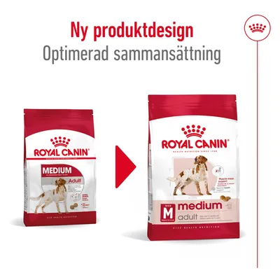 Royal Canin Medium Adult hundfoder, bild på gammal och ny förpackning. Text: Ny produktdesign, Optimerad sammansättning.