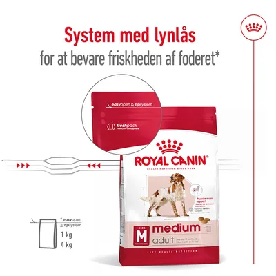 Royal Canin medium adult hundefoder med lynlåslukning. Tekst: System med lynlås for at bevare friskheden af foderet, easyopen & zipsystem, freshpack protective atmosphere, 1 kg, 4 kg.