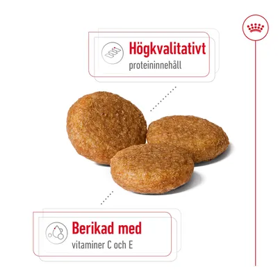 Tre foderbitar med text: Högkvalitativt proteininnehåll. Berikad med vitaminer C och E.