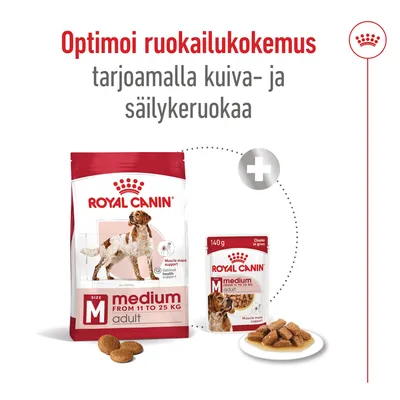Royal Canin medium adult -kuivaruoka ja säilykeruoka, pakkaukset sekä annokset lautasilla. Teksti: Optimoi ruokailukokemus tarjoamalla kuiva- ja säilykeruokaa.