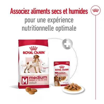 Associez aliments secs et humides pour une expérience nutritionnelle optimale. Royal Canin medium adult 11–25 kg, croquettes et sachet 140 g visibles.