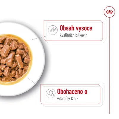 Miska s masovými kousky v omáčce. Text: Obsah vysoce kvalitních bílkovin. Obohaceno o vitamíny C a E.