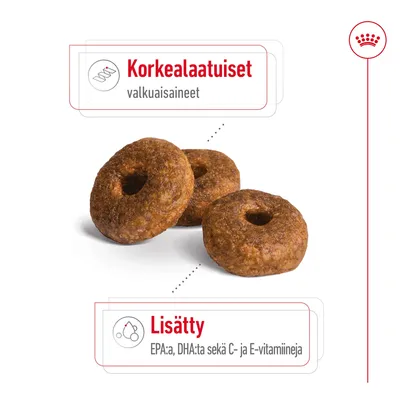 Korkealaatuiset valkuaisaineet. Lisätty EPA:ta, DHA:ta sekä C- ja E-vitamiineja. Kolme ruskeaa rengasmaista nappulaa.