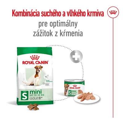 Royal Canin mini adult 8+ suché krmivo pre psy do 10 kg a konzerva Royal Canin mini, kombinácia suchého a vlhkého krmiva. Text: Kombinácia suchého a vlhkého krmiva pre optimálny zážitok z kŕmenia.