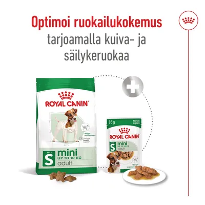 Royal Canin mini adult S -kuivaruoka ja 85 g säilykeruoka pienille koirille, teksti: Optimoi ruokailukokemus tarjoamalla kuiva- ja säilykeruokaa.