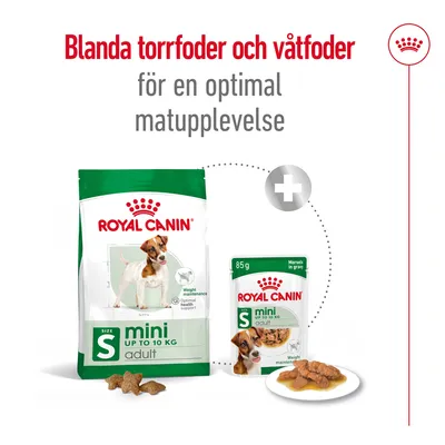 Royal Canin mini adult torrfoder och våtfoder, text: Blanda torrfoder och våtfoder för en optimal matupplevelse. För hundar upp till 10 kg. 85 g våtfoder synligt.