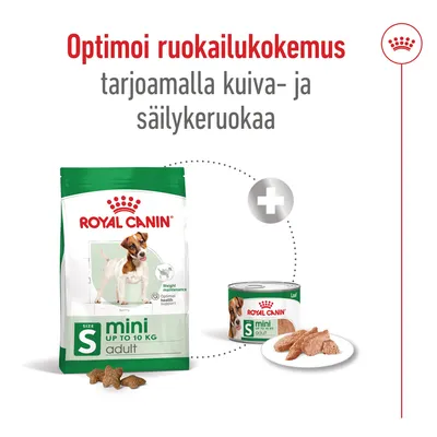 Royal Canin mini adult S kuivaruoan ja säilykeruoan pakkaus, teksti: Optimoi ruokailukokemus tarjoamalla kuiva- ja säilykeruokaa. Koiran kuva pakkauksissa.
