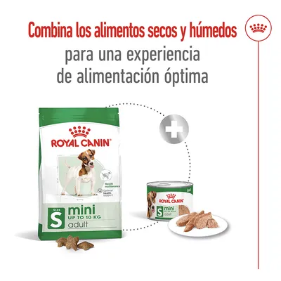 Royal Canin mini adult hasta 10 kg. Combina los alimentos secos y húmedos para una experiencia de alimentación óptima. Imagen de pienso seco y comida húmeda en lata.