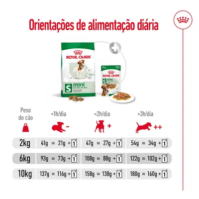 Orientações de alimentação diária Royal Canin Mini Adult: tabela com doses para cães de 2 kg, 6 kg e 10 kg, ajustadas ao tempo de atividade diária e combinação de ração seca e húmida. Orientações de alimentação diária Royal Canin Mini Adult: tabela com doses para cães de 2 kg, 6 kg e 10 kg, ajustadas ao tempo de atividade diária e combinação de ração seca e húmida.
