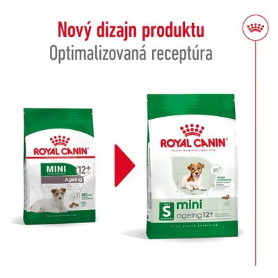 Royal Canin Mini Ageing 12+ krmivo pre psov, porovnanie starého a nového balenia s textom: Nový dizajn produktu, Optimalizovaná receptúra.