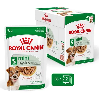 ROYAL CANIN mini ageing gravy-salsa, 85 g pouch en doos met 12 stuks. Voor honden tot 10 kg. Weight maintenance staat op de verpakking.