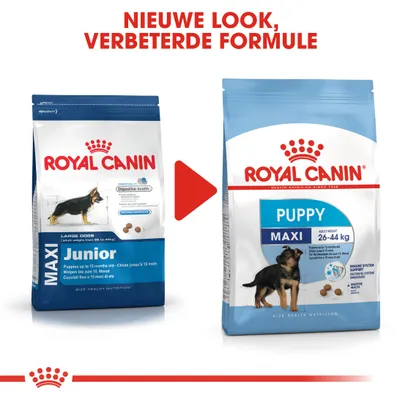 Royal Canin Maxi Junior hondenvoer verpakking naast nieuwe Royal Canin Puppy Maxi 26–44 kg verpakking, tekst: Nieuwe look, verbeterde formule.