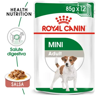 Confezione Royal Canin MINI Adult 85g x12, scritte Health Nutrition, Salute digestiva, salsa. Immagine di cane e crocchette in salsa.