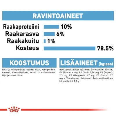 Ravintoaineet: raakaproteiini 10 %, raakarasva 6 %, raakakuitu 1 %, kosteus 78,5 %. Koostumus: liha- ja eläinperäiset tuotteet, viljat, kasvipohjaiset tuotteet, kivennäisaineet, maito, öljyt, hiivat. Lisäaineet: D3-vitamiini 100 KY, rauta 6 mg, jodi 0,28 mg, kupari 2,3 mg, mangaani 1,7 mg, sinkki 17 mg, sedimenttiperäinen klinoptiloliitti 2,2 g.