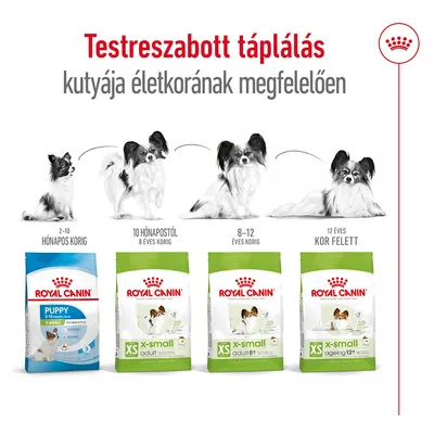 Royal Canin X-Small kutyatápok: Puppy 2–10 hónapos korig, Adult 10 hónapostól 8 éves korig, Adult 8+ 8–12 éves korig, Ageing 12+ 12 éves kor felett. Testreszabott táplálás. Royal Canin X-Small kutyatápok: Puppy 2–10 hónapos korig, Adult 10 hónapostól 8 éves korig, Adult 8+ 8–12 éves korig, Ageing 12+ 12 éves kor felett. Testreszabott táplálás.