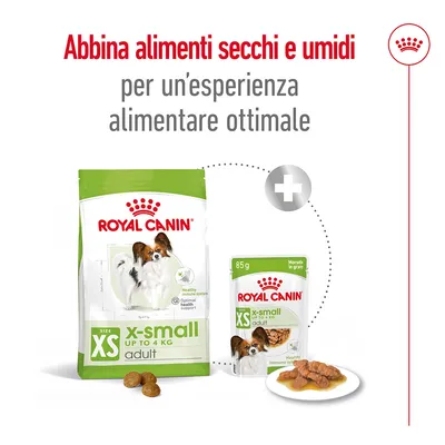 Abbina alimenti secchi e umidi per un’esperienza alimentare ottimale. Royal Canin x-small adult secco e umido, confezioni visibili con crocchette e bocconcini in salsa.