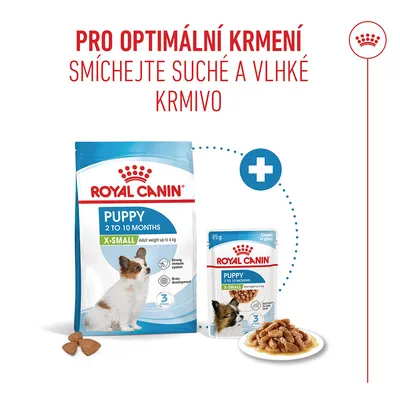 Návod: Pro optimální krmení míchejte Royal Canin Puppy X-Small suché a vlhké krmivo. Na obrázku jsou zobrazeny oba druhy krmiva s obalem a porcemi. Návod: Pro optimální krmení míchejte Royal Canin Puppy X-Small suché a vlhké krmivo. Na obrázku jsou zobrazeny oba druhy krmiva s obalem a porcemi.