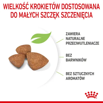 Wielkość krokietów dostosowana do małych szczęk szczenięcia. Zawiera naturalne przeciwutleniacze, bez barwników, bez sztucznych aromatów. Trzy krokiety na białym tle. Wielkość krokietów dostosowana do małych szczęk szczenięcia. Zawiera naturalne przeciwutleniacze, bez barwników, bez sztucznych aromatów. Trzy krokiety na białym tle.