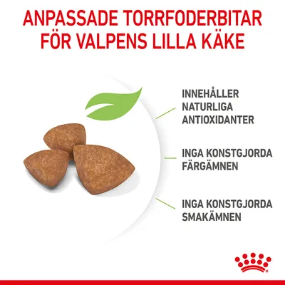 Anpassade torrfoderbitar för valpens lilla käke. Innehåller naturliga antioxidanter, inga konstgjorda färgämnen eller smakämnen. Bild på tre foderbitar.