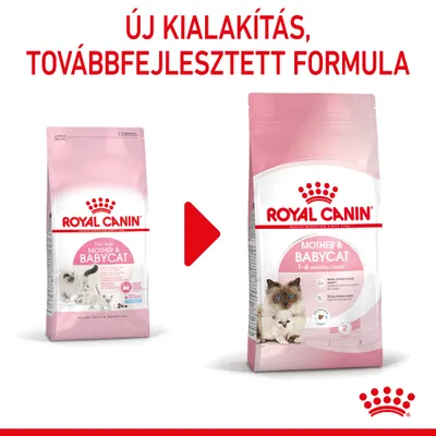 ROYAL CANIN Mother & Babycat macskaeledel csomagolás változás: régi és új design egymás mellett. Felül: Új kialakítás, továbbfejlesztett formula.