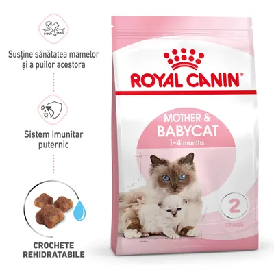 Pachet Royal Canin Mother & Babycat 1–4 months, imagine cu pisică adultă și pui, text: Susține sănătatea mamelor și a puilor acestora, Sistem imunitar puternic, Crochete rehidratabile.