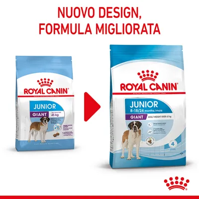 Royal Canin Junior Giant, nuovo design e formula migliorata. Confezioni a confronto: vecchia con scritta '45 kg', nuova con '8–18/24 months/mois' e 'adult weight over 45 kg'.