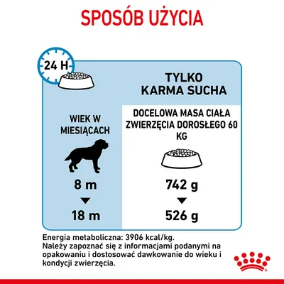 Sposób użycia: tylko karma sucha. Wiek psa 8–18 miesięcy, docelowa masa ciała dorosłego 60 kg. Dawkowanie: od 742 g do 526 g dziennie. Energia metaboliczna: 3906 kcal/kg.