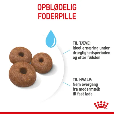 Opblødelig foderpille. Til tæve: Ideel ernæring under drægtighedsperioden og efter fødslen. Til hvalp: Nem overgang fra modermælk til fast føde.