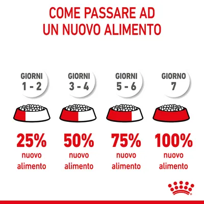 Guida al cambio alimentare: giorni 1–2 25% nuovo alimento, giorni 3–4 50%, giorni 5–6 75%, giorno 7 100%. Testo: Come passare ad un nuovo alimento.