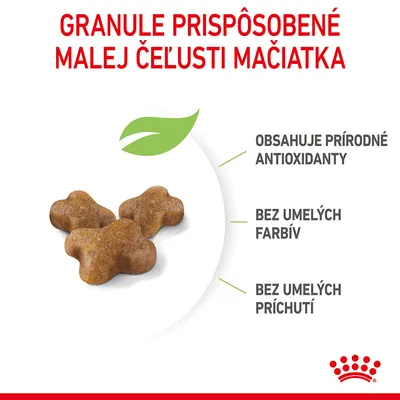 Granule prispôsobené malej čeľusti mačiatka. Obsahuje prírodné antioxidanty, bez umelých farbív a príchutí. Zobrazené tri granule.