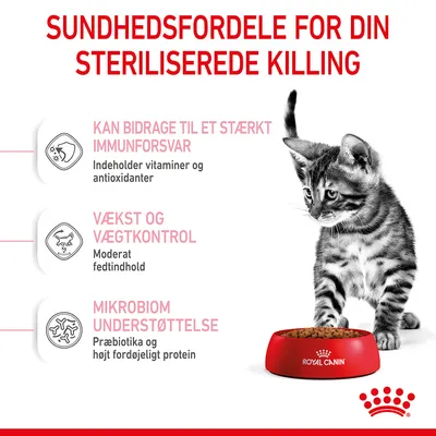 Sundhedsfordele for din steriliserede killing: stærkt immunforsvar med vitaminer og antioxidanter, vækst og vægtkontrol med moderat fedtindhold, mikrobiom understøttelse med præbiotika.