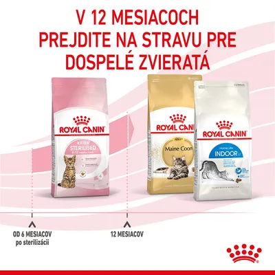 V 12 mesiacoch prejdite na stravu pre dospelé zvieratá. Royal Canin Kitten Sterilised 6–12 mesiacov, Maine Coon Adult, Home Life Indoor 27. Od 6 mesiacov po sterilizácii, 12 mesiacov.