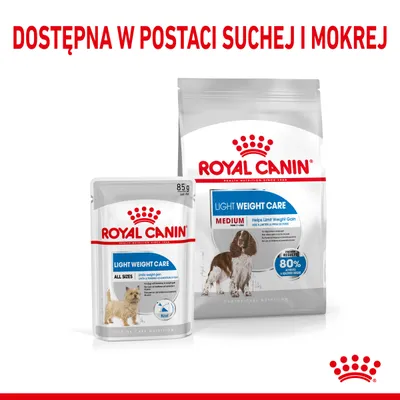 ROYAL CANIN Light Weight Care dostępna w postaci suchej i mokrej. Opakowania: saszetka 85 g, worek Medium. Widoczne psy na opakowaniach, tekst: Helps Limit Weight Gain.