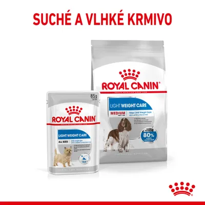 ROYAL CANIN Light Weight Care suché a vlhké krmivo pre psov, balenie 85 g a väčšie balenie Medium. Text: SUCHÉ A VLHKÉ KRMIVO.