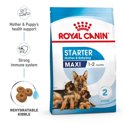 Starter food for mother and young dogs, supports health and immune system, suitable for 1-2 months, features rehydratable kibble. Stage 2 indicated on packaging.