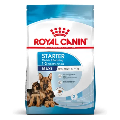 Royal Canin Starter Mother & Babydog Maxi 1–2 mesi, peso adulto 26–44 kg. Immagine di cane adulto con cuccioli sulla confezione.