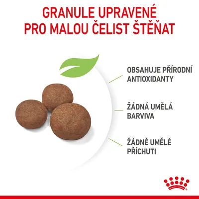 Granule upravené pro malou čelist štěňat, obsahuje přírodní antioxidanty, žádná umělá barviva, žádné umělé příchuti. Tři kulaté granule na bílém pozadí.