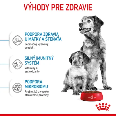 Výhody pre zdravie: podpora zdravia u matky a šteňaťa, silný imunitný systém, podpora mikrobiómu. Royal Canin miska, dospelý pes a šteňa.