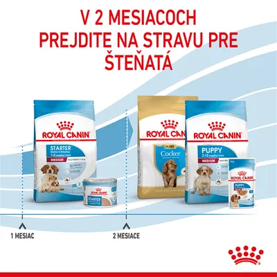 V 2 mesiacoch prejdite na stravu pre šteňatá. Royal Canin Starter pre 1 mesiac, Royal Canin Puppy a Cocker pre 2–12 mesiacov. Zobrazené balenia suchého a mokrého krmiva.