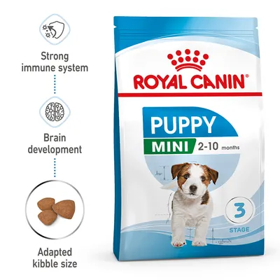 Puppy Mini food for 2-10 months, features include strong immune system support, brain development, and adapted kibble size. Stage 3 shown on packaging.