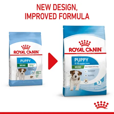 Comparison of old and new Royal Canin Puppy Mini packaging, showing updated design and improved formula for puppies aged 2-10 months, adult weight up to 10 kg.