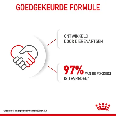 GOEDGEKEURDE FORMULE. Ontwikkeld door dierenartsen. 97% van de fokkers is tevreden. *Gebaseerd op een enquête onder fokkers in 2020 en 2021.